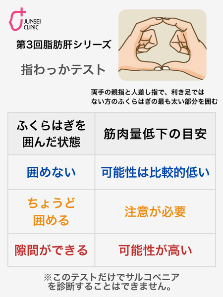 両手の親指と人差し指でふくらはぎを囲む指輪っかテスト。囲めない、ちょうど囲める、隙間ができるの3段階で筋肉量低下の可能性を確認する図。