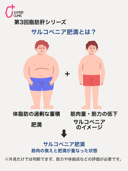 肥満を示す人物と筋肉量・筋力の低下を示す人物を並べ、両者が重なったサルコペニア肥満を説明する図。
